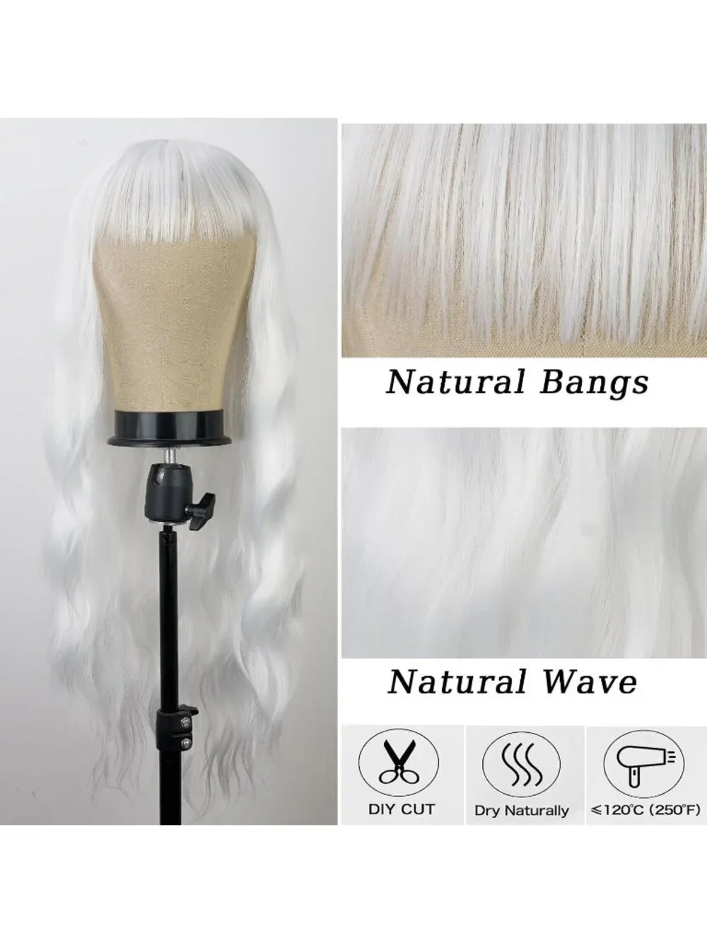 Women's White 26 Inch Natural Looking Synthetic Fiber Long Wavy Wigs Bangs